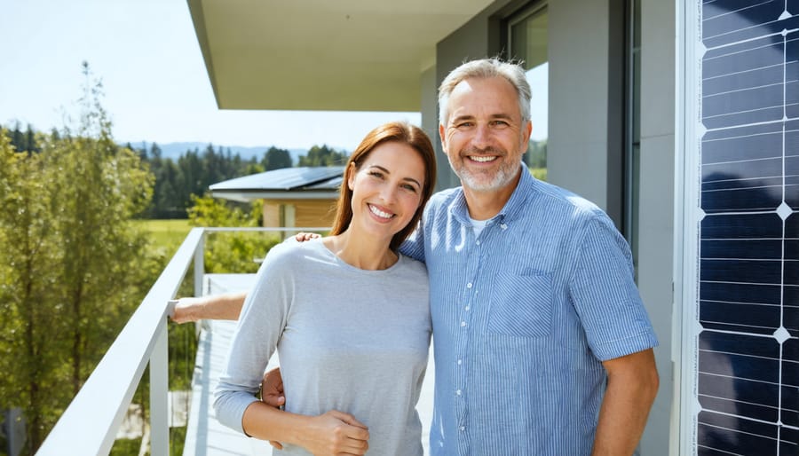 Happy apartment residents enjoying the benefits of solar power