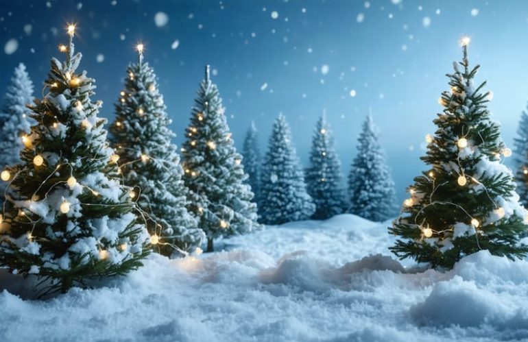 Solar-powered Christmas lights shining brightly on snow-covered trees in a winter landscape, with a clear sky and gentle snowfall.