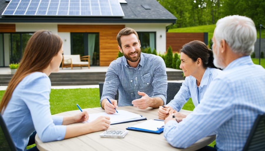 Solar energy consultant discussing options with homeowners