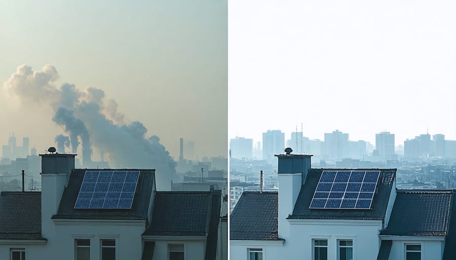 Contrasting images of a polluted city and a clean city powered by solar energy.