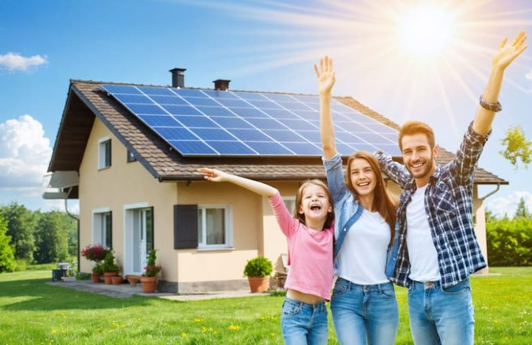 A family stands happily in front of their solar-powered home, symbolizing energy independence and sustainability.