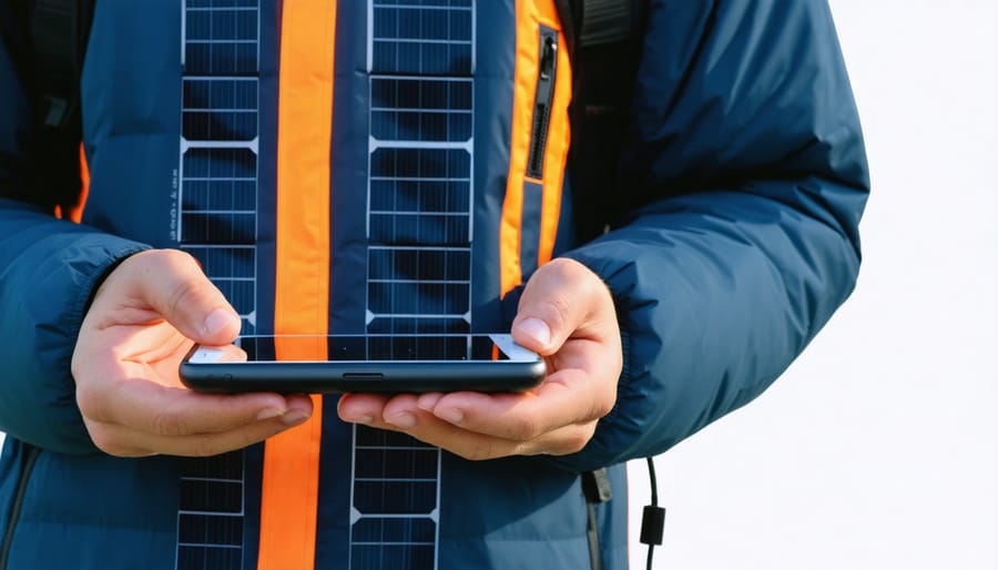 Solar-powered clothing charging a smartphone