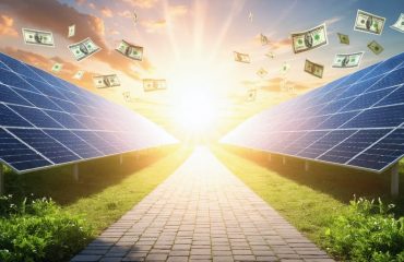 Conceptual illustration of a pathway lined with solar panels leading towards a sun, with currency symbols and financial documents representing solar financing options for homeowners.