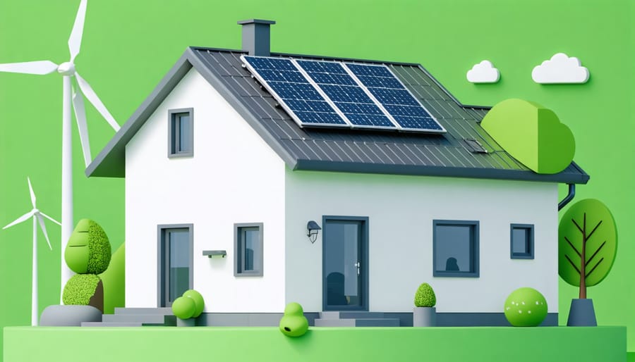 Home with solar panels and conceptual green energy graphics