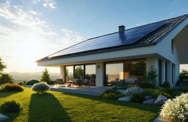 A modern home with solar panels on the roof, surrounded by a green garden under a bright blue sky, illustrating environmentally friendly solar heating.