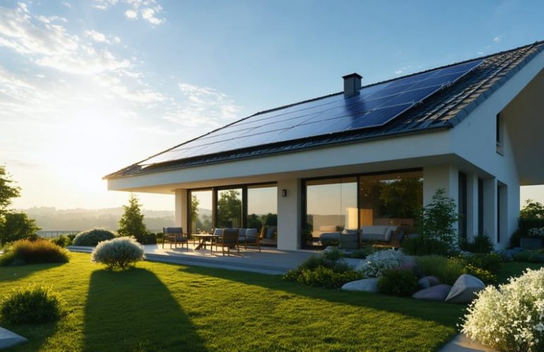 A modern home with solar panels on the roof, surrounded by a green garden under a bright blue sky, illustrating environmentally friendly solar heating.