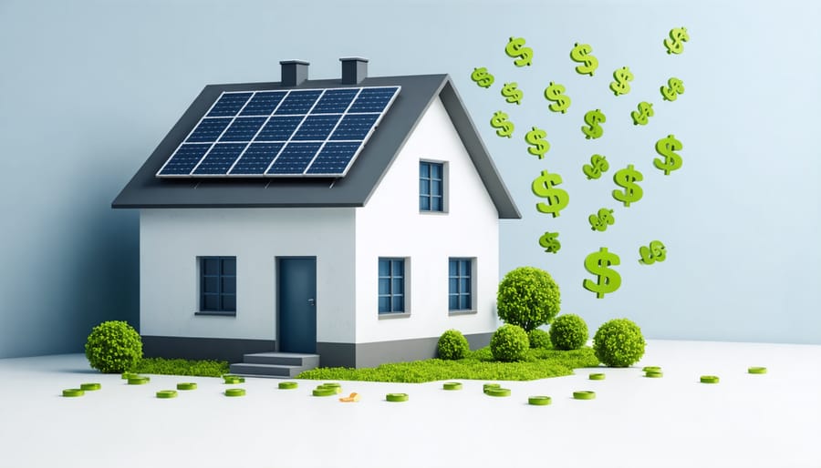 Illustration of a house with solar panels and dollar signs representing savings