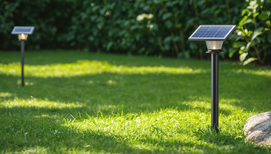 Solar lights angled towards the sun in a bright, unshaded garden area.