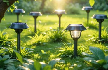 Solar lights placed in a sunny garden, angled towards the sun, demonstrating optimal charging in a bright, unshaded area.