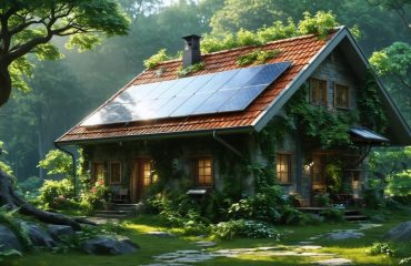 A picturesque off-grid home with solar panels, surrounded by lush nature, representing sustainable living and energy independence.