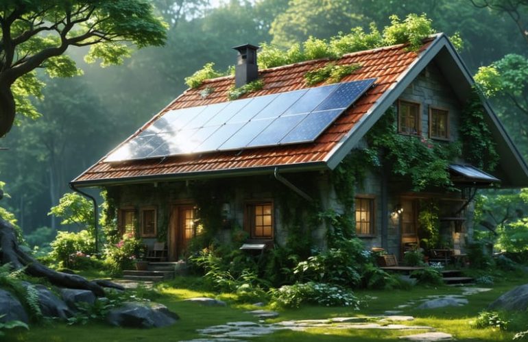 A picturesque off-grid home with solar panels, surrounded by lush nature, representing sustainable living and energy independence.