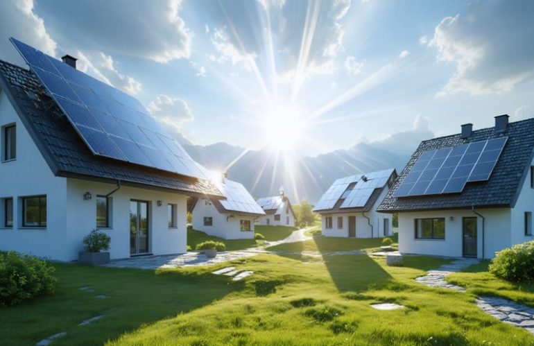 A futuristic landscape showcasing homes with advanced solar panels illustrating the progression from traditional silicon to modern thin-film and emerging perovskite technologies, symbolizing breakthroughs in solar efficiency.