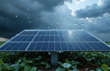 Solar panel enduring a hailstorm, illustrating protective measures and the impact of hailstones on solar technology.