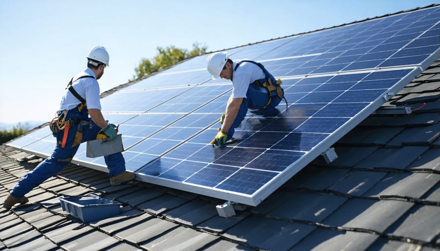 Professional solar panel installation process on residential roof