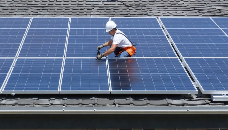 Professional solar technician installing solar panels on a house roof