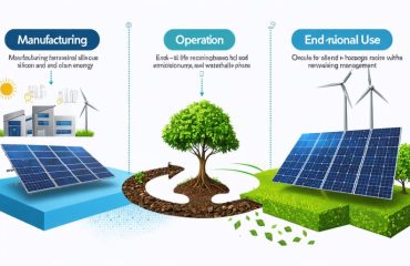 Illustration depicting the lifecycle of solar panels, showing manufacturing, operational use, and end-of-life recycling, emphasizing sustainability and reduced environmental impact.