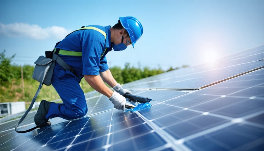 Solar panel maintenance and cleaning performed by a technician