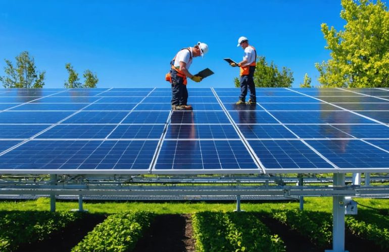 A technician cleaning solar panels with a soft brush, while another technician conducts a visual inspection. Nearby trees are neatly trimmed to maximize sunlight for optimal solar panel performance.