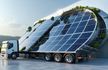 Illustration of solar panels being collected from a roof by a truck, disassembled at a recycling facility, and transformed into new panels, symbolizing a circular economy.