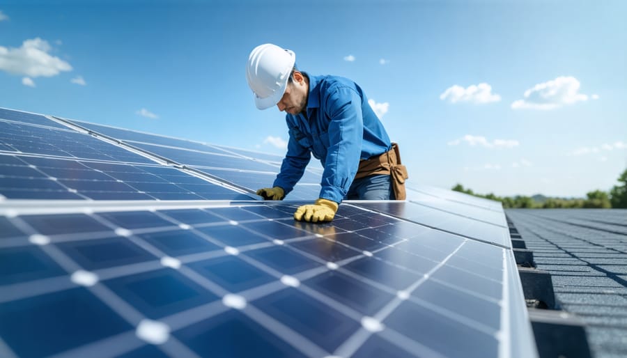 Solar technician carefully examining solar panels for signs of damage or wear