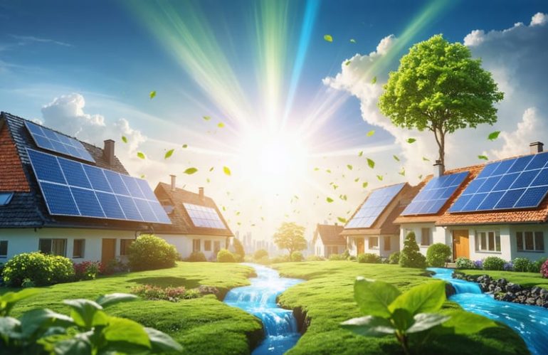 Conceptual representation of solar panels on various rooftops transforming sunlight into clean energy, symbolized by green leaves and blue streams, against a backdrop of a healthy, sustainable planet.