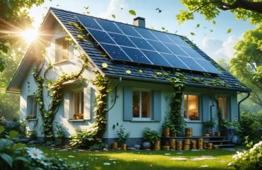 A suburban home with solar panels on its roof, bathed in sunlight, surrounded by vibrant greenery and symbolically intertwined with vines filled with coins, representing a bright financial and environmental investment.