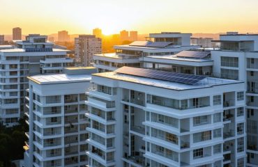 An artistic representation of a city skyline at sunset, featuring modern apartment buildings with solar panels, symbolizing the rise of solar-powered urban living.