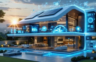 A modern home with solar panels and smart home technology interface, showcasing sustainable living through solar power and advanced automation.