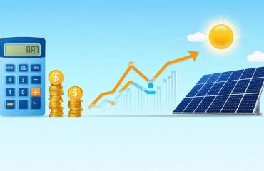 Infographic illustrating a solar ROI calculator with symbols of solar panels, a calculator, dollar signs, and the sun, representing savings and environmental impact.