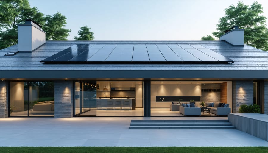 Luxury home featuring seamlessly integrated solar roof tiles that maintain aesthetic appeal