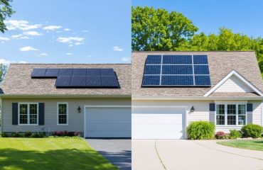 A side-by-side visual comparison of a roof with GAF solar shingles seamlessly integrated and one with traditional solar panels, showcasing differences in aesthetics and design.