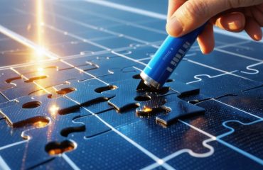 Conceptual illustration of a puzzle piece with solar panels and battery being placed into an "energy independence" puzzle, symbolizing the integration of solar storage in achieving energy self-sufficiency.