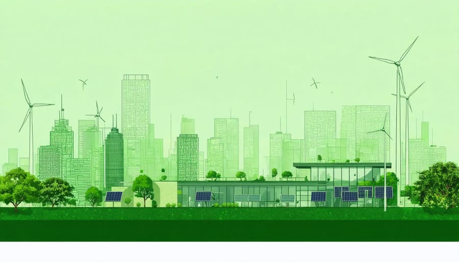 Illustration of an eco-friendly urban landscape with solar and wind power