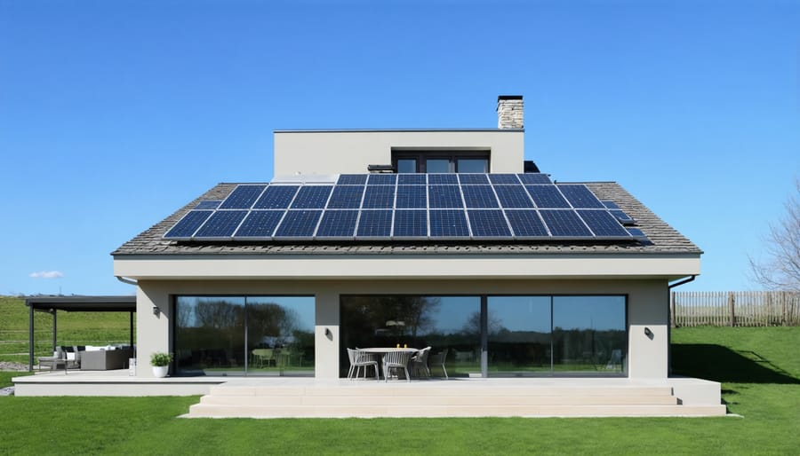 Sleek residential building with vertical solar panels mounted on south-facing wall