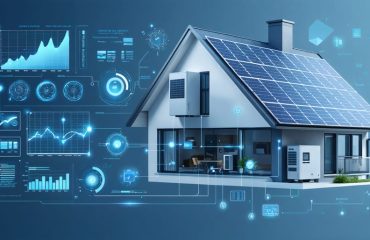 "Conceptual representation of Xantrex inverter integrating solar panels and utility grid with settings icons and graphs."