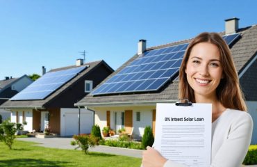 Happy homeowner standing in a sunlit neighborhood with solar panels on rooftops, holding a 0% interest solar loan agreement.