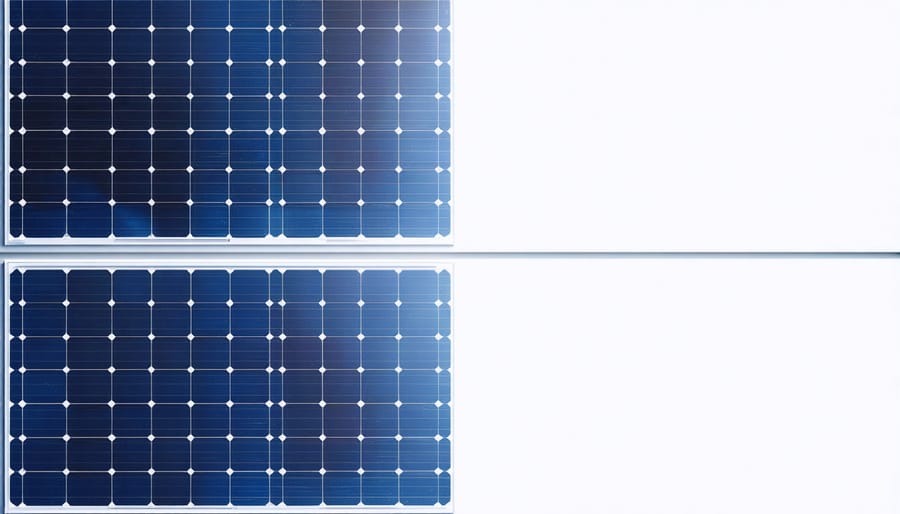 Side-by-side view of front and back surfaces of a bifacial solar panel with sunlight reflection visualization