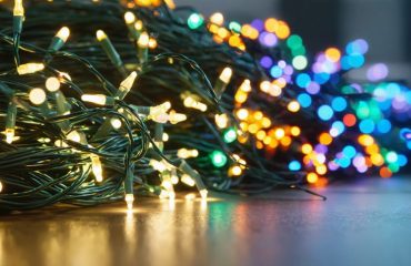 Close-up of vibrant LED Christmas lights with a high-tech manufacturing facility in the background, symbolizing the blend of traditional holiday warmth and modern, sustainable lighting technology.