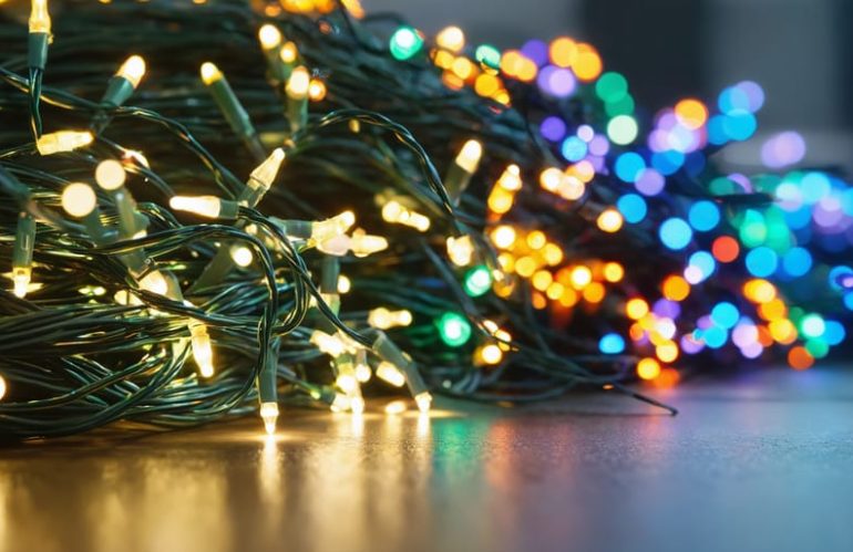 Close-up of vibrant LED Christmas lights with a high-tech manufacturing facility in the background, symbolizing the blend of traditional holiday warmth and modern, sustainable lighting technology.