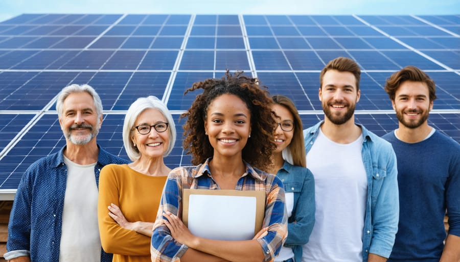 Multiple families from different backgrounds smiling in front of homes with newly installed solar panels