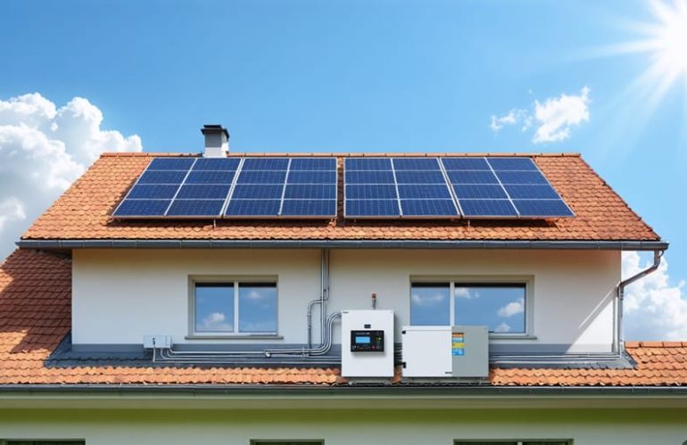 Illustration of a residential home featuring solar panels on the roof with a visible battery backup system, under a clear sunny sky.