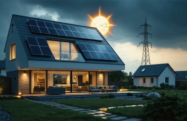 A modern home with solar panels and battery storage remaining bright while surrounding homes are dark, signifying reliable solar power during a power outage.