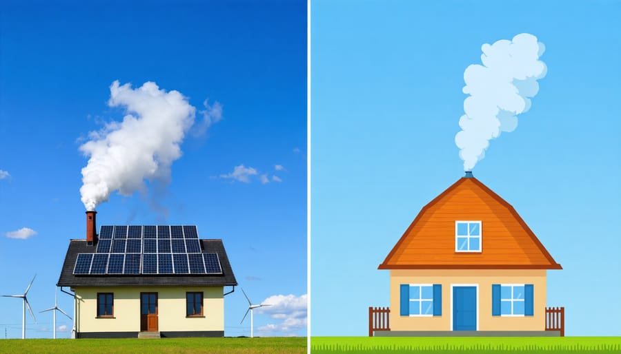 Visual comparison between pollution from fossil fuel power plant and clean energy from residential solar panels