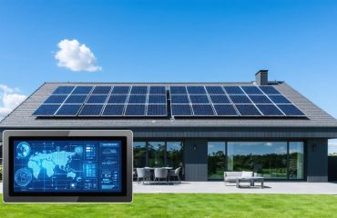 A contemporary house equipped with rooftop solar panels and a digital energy management system, symbolizing a self-sufficient energy-efficient home.