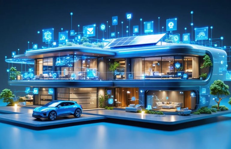 Illustration of a futuristic home featuring innovative solar panels, smart inverters, and advanced battery storage, representing cutting-edge solar energy technology.