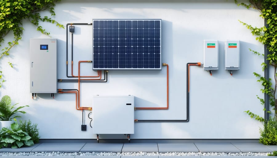 Wall-mounted residential battery storage system with visual indicators and connection points to solar panels