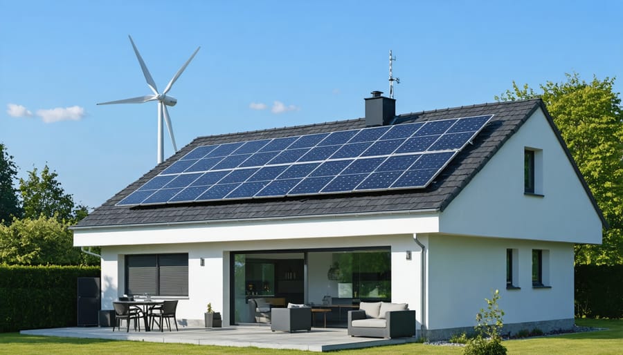 Residential property with integrated solar panels and wind turbine system