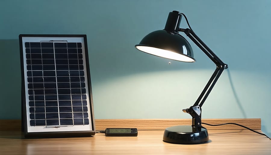 Solar garden light being charged under a bright LED desk lamp