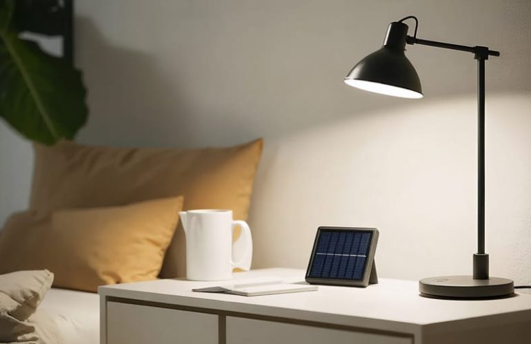 Solar garden light placed indoors under a bright LED desk lamp to simulate sunlight and charge the solar panel efficiently even on cloudy days.