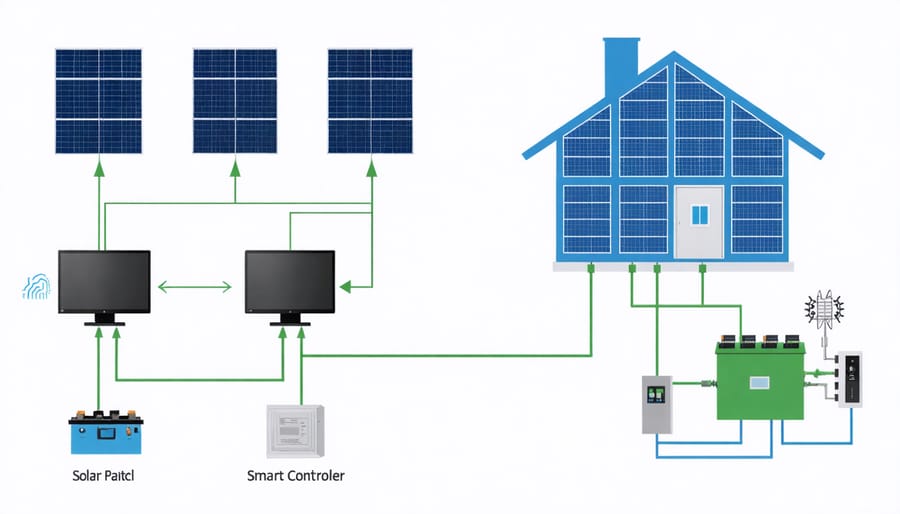 Infographic illustrating the main components and connections in a residential microgrid system